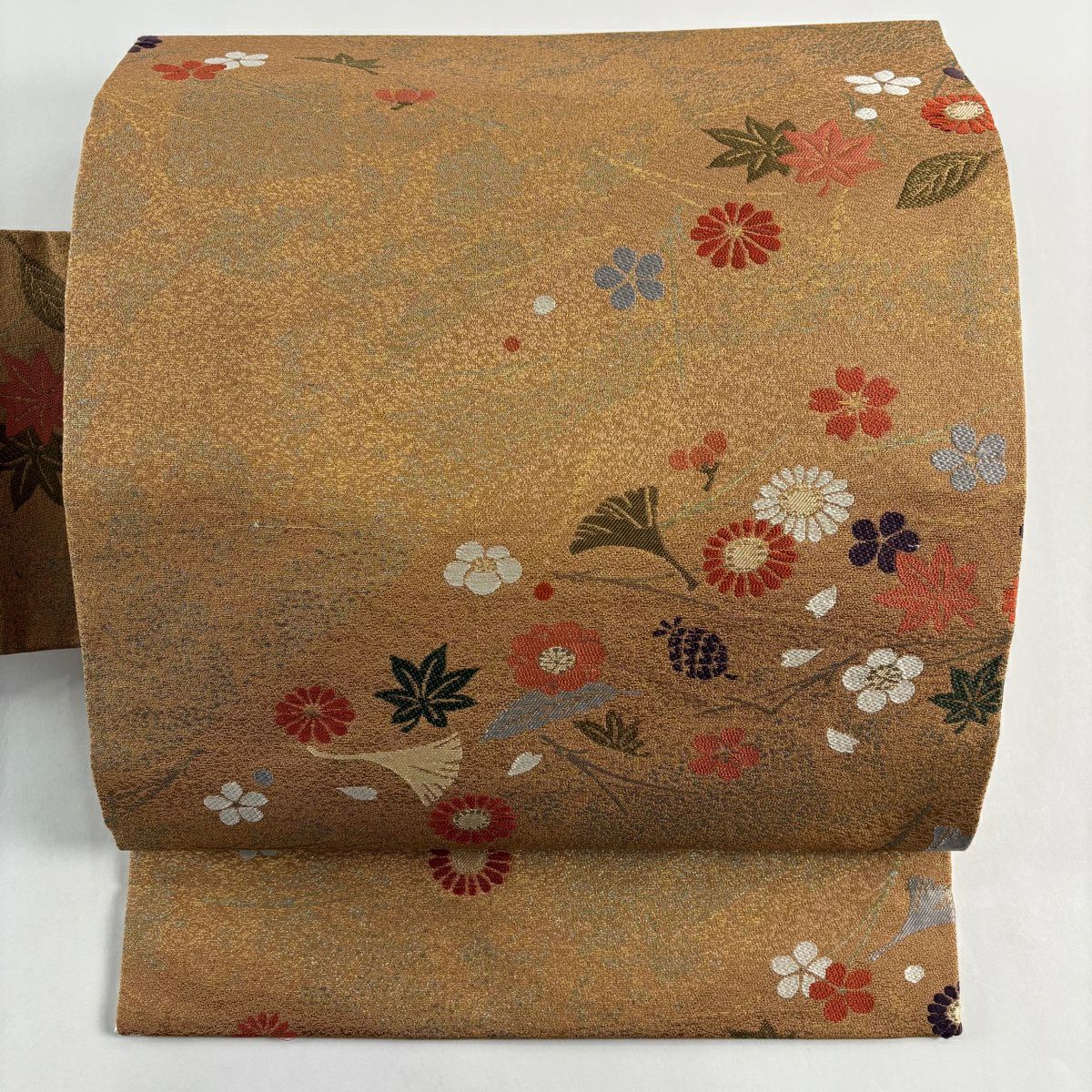 【美品】名古屋帶 秀品級 花 松樹葉 金金箔 山吹茶 純蠶絲