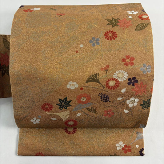 【美品】名古屋帶 秀品級 花 松樹葉 金金箔 山吹茶 純蠶絲