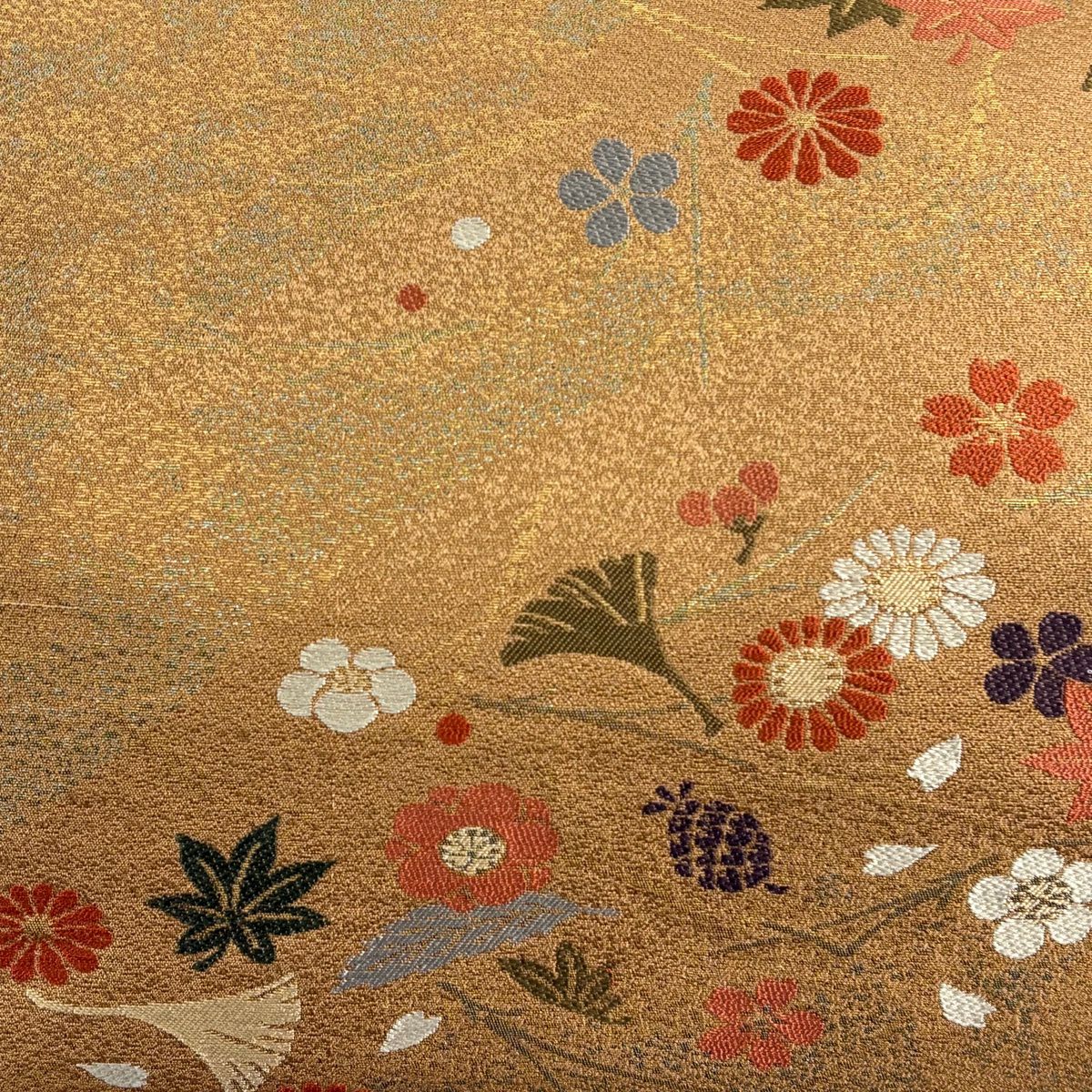 【美品】名古屋帶 秀品級 花 松樹葉 金金箔 山吹茶 純蠶絲