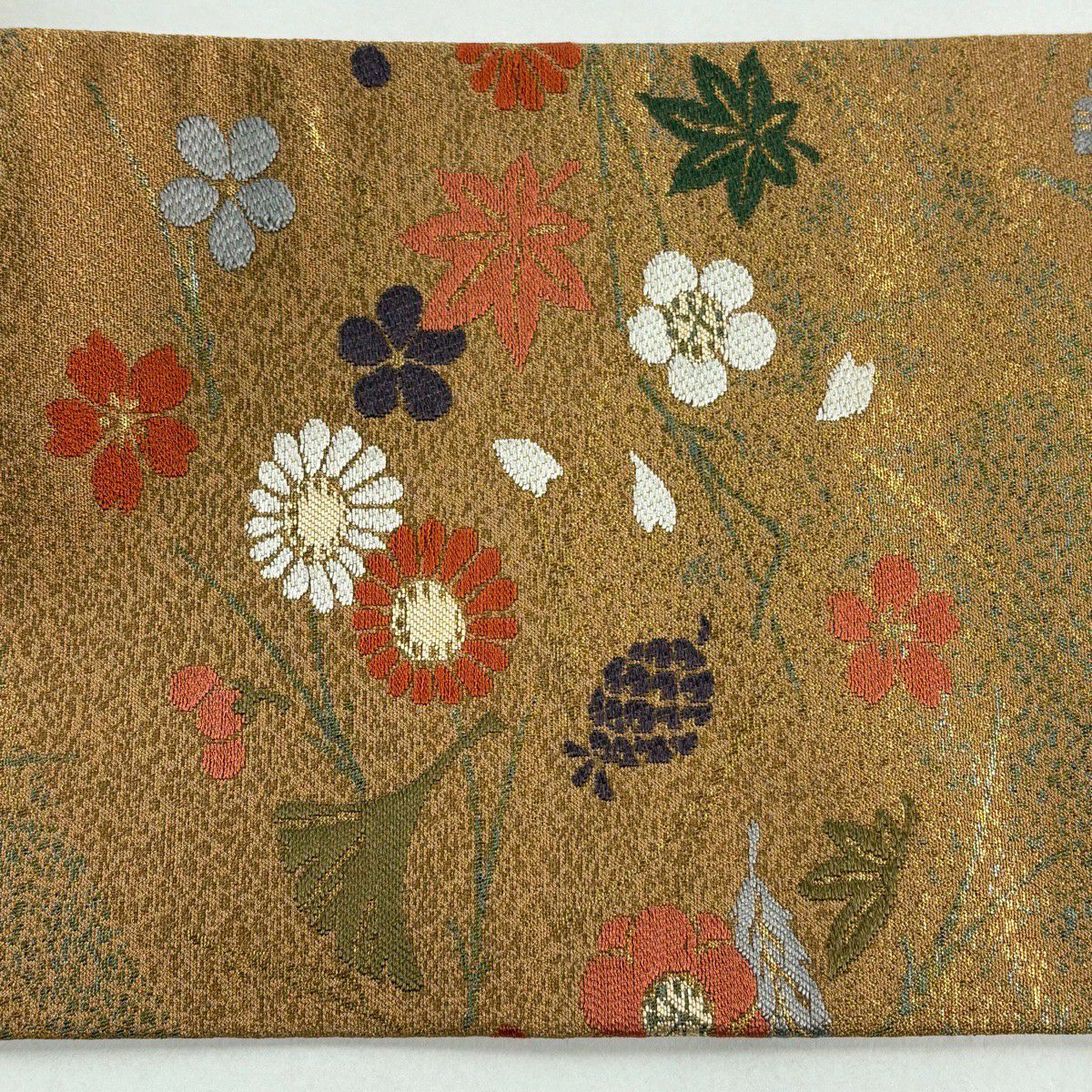 【美品】名古屋帶 秀品級 花 松樹葉 金金箔 山吹茶 純蠶絲