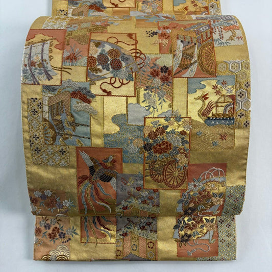 袋帶 秀品級 短冊 花鳥 金絲 金金箔 金色 六通 純蠶絲