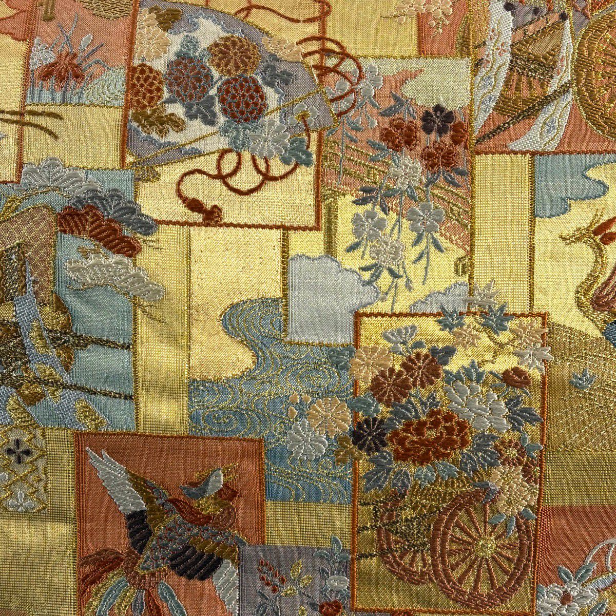 袋帶 秀品級 短冊 花鳥 金絲 金金箔 金色 六通 純蠶絲
