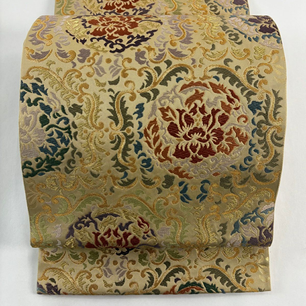 【美品】 袋帶 秀品級 草花紋紋 花唐草紋 金糸 唐織 薄茶 深藍色 六通 純蠶絲