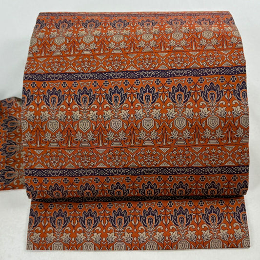 【美品】 名古屋帶 優品級 草花紋紋 幾何學圖案 朱色 純蠶絲