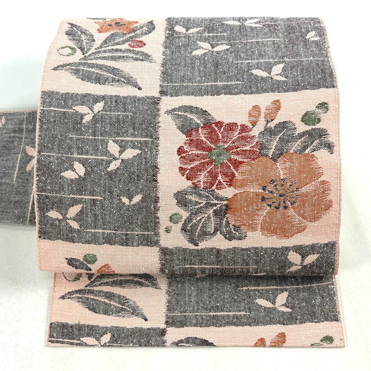 【美品】 名古屋帶 優品級 草花紋紋 葉柄 粉紅 純蠶絲
