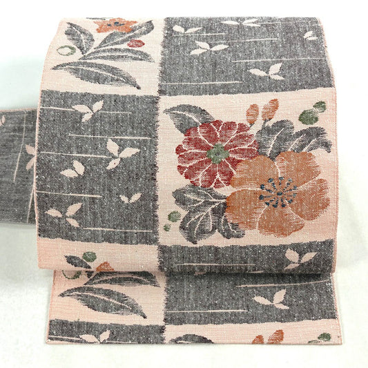 【美品】 名古屋帶 優品級 草花紋紋 葉柄 粉紅 純蠶絲