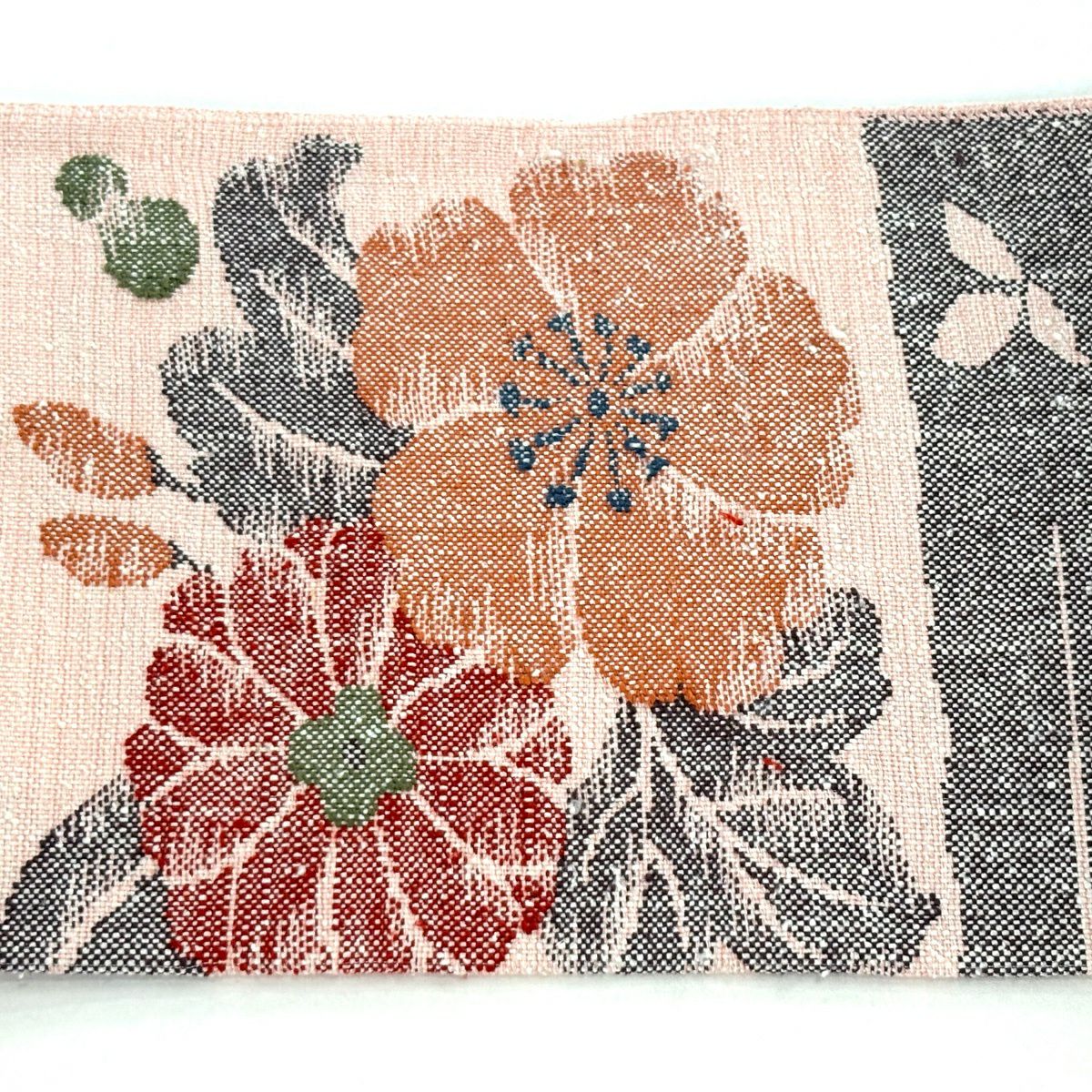 【美品】 名古屋帶 優品級 草花紋紋 葉柄 粉紅 純蠶絲
