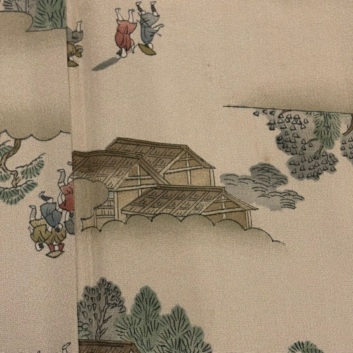小紋 身長154cm 袖長63cm S 雙層 人物 建築 漸層 淺茶 純蠶絲 優品級
