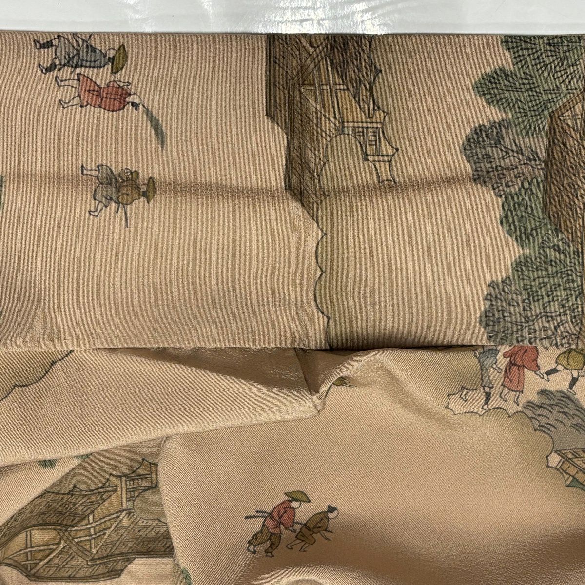 小紋 身長154cm 袖長63cm S 雙層 人物 建築 漸層 淺茶 純蠶絲 優品級