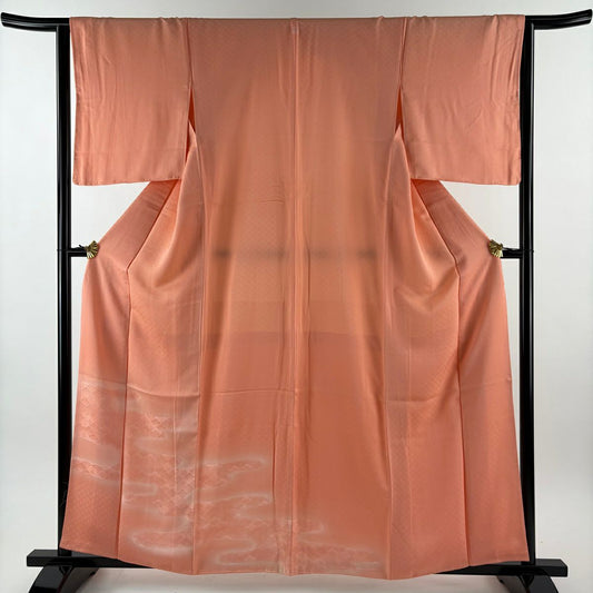 【美品】 付下 身長160.5cm 袖長65cm M 雙層 梅花 地紋 漸層 鮭粉色 純蠶絲 優品級 一個紋