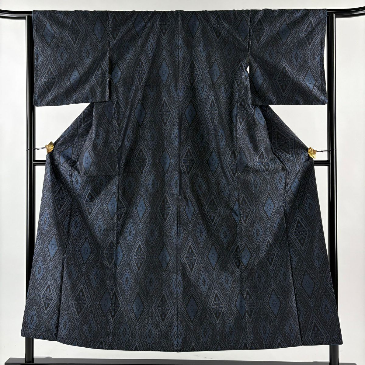 紬織 身長151.5cm 袖長64cm M 雙層 菱紋 花 深藍 純蠶絲 優品級