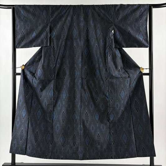 紬織 身長151.5cm 袖長64cm M 雙層 菱紋 花 深藍 純蠶絲 優品級