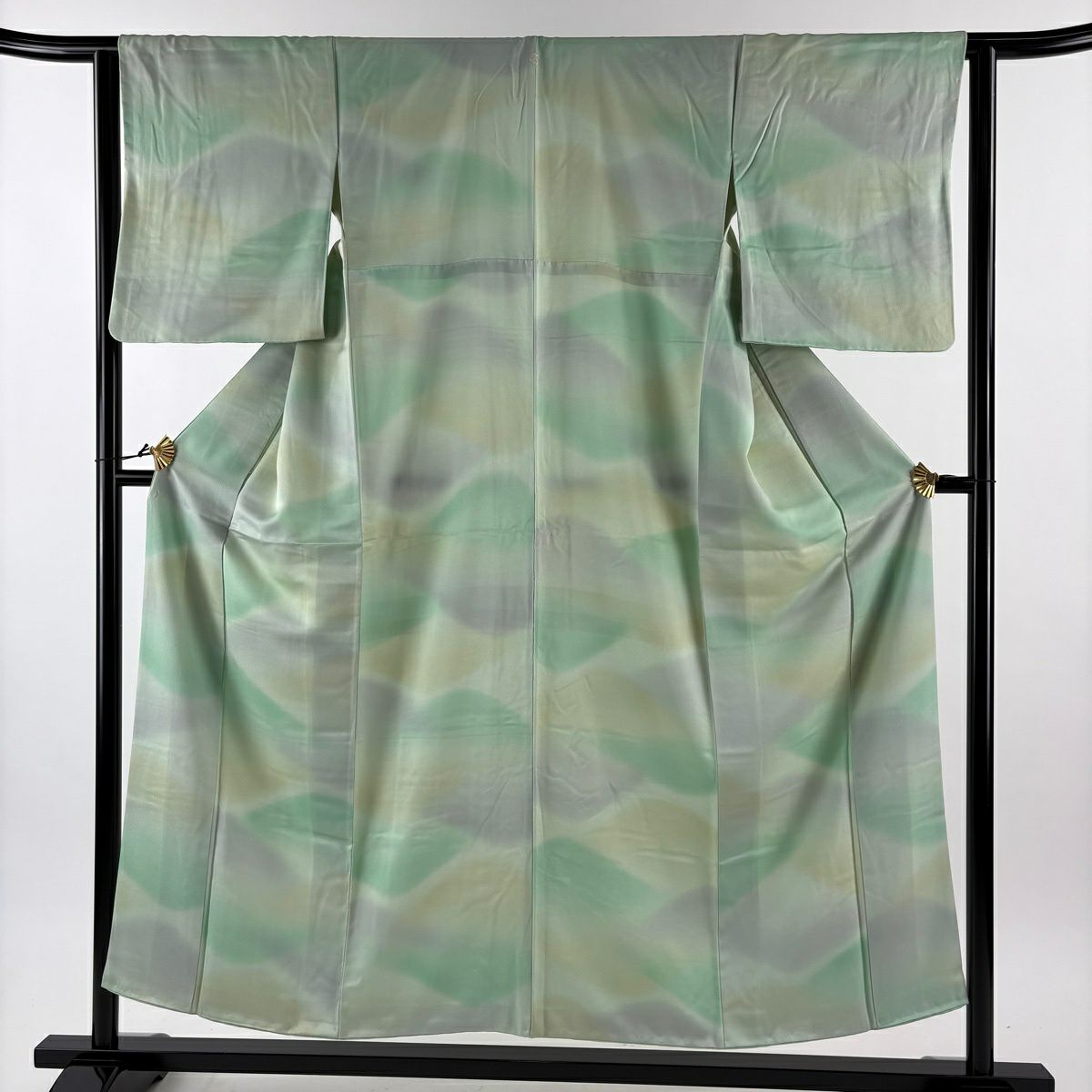 【美品】 小紋 身長152.5cm 袖長63cm S 雙層 山並漸層 淡綠 純蠶絲 優品級 一個紋