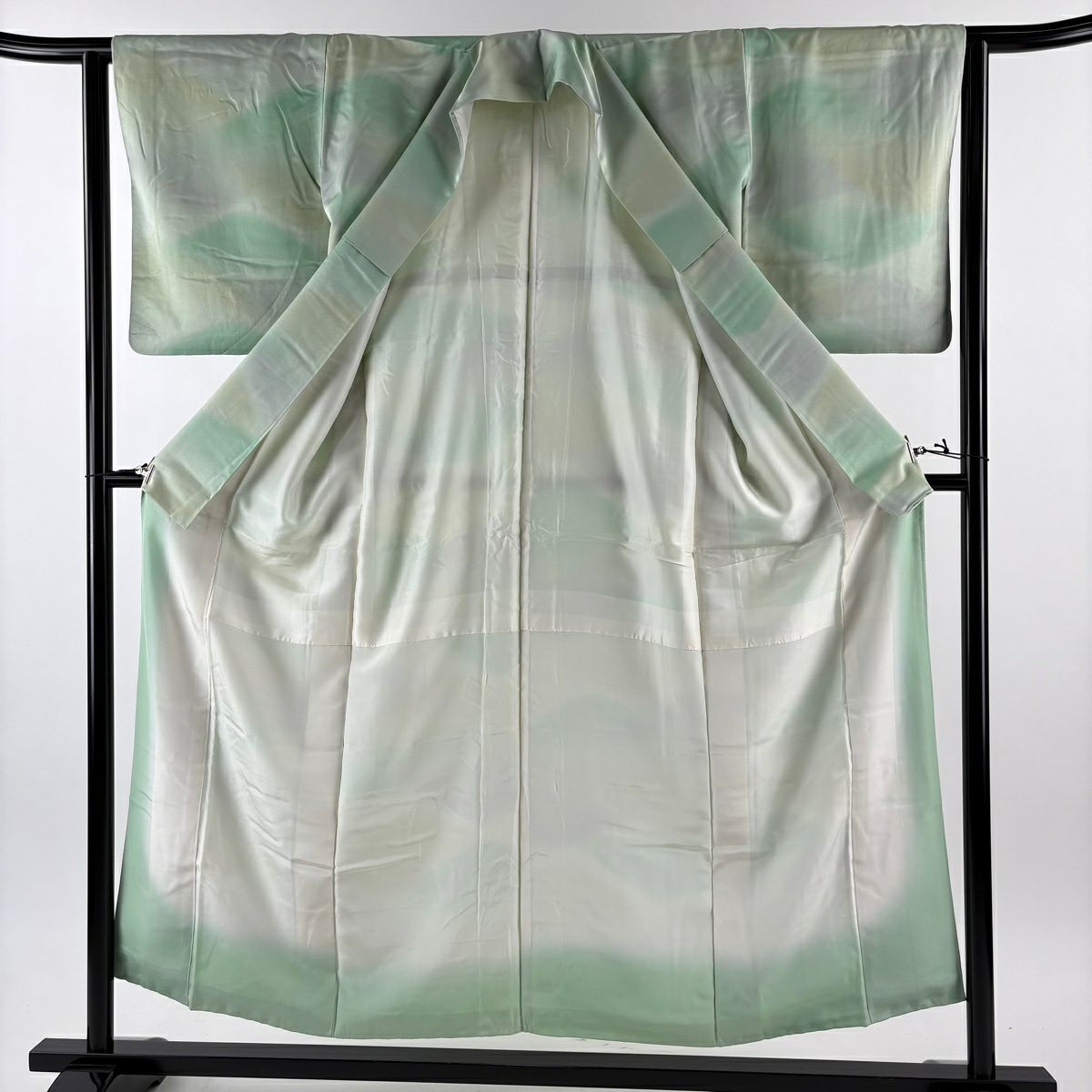 【美品】 小紋 身長152.5cm 袖長63cm S 雙層 山並漸層 淡綠 純蠶絲 優品級 一個紋