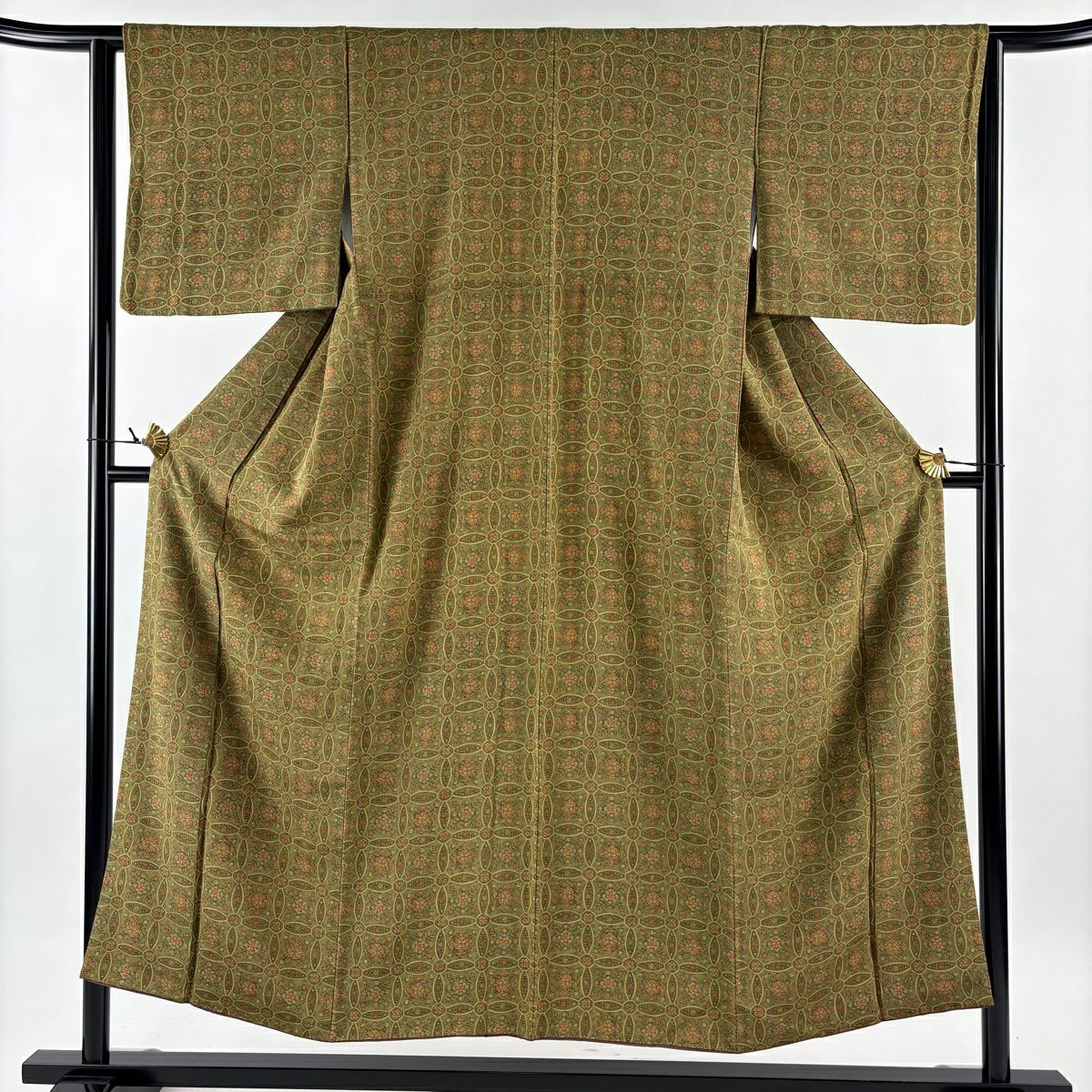 小紋 身長151.5cm 袖長63.5cm S 雙層 草花紋幾何圖案 茶綠 純蠶絲 優品級