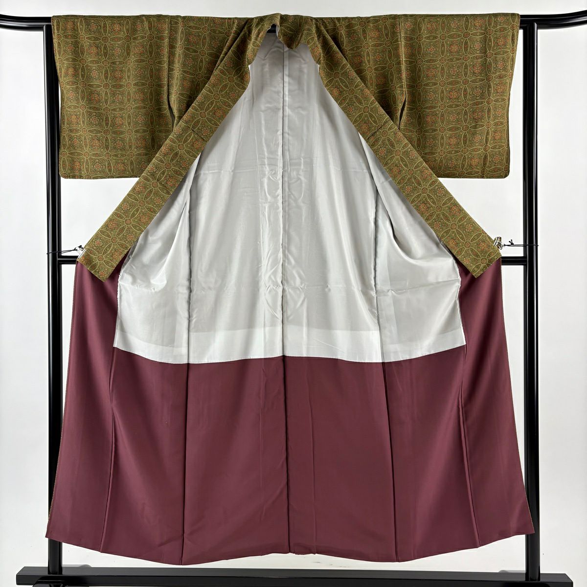 小紋 身長151.5cm 袖長63.5cm S 雙層 草花紋幾何圖案 茶綠 純蠶絲 優品級