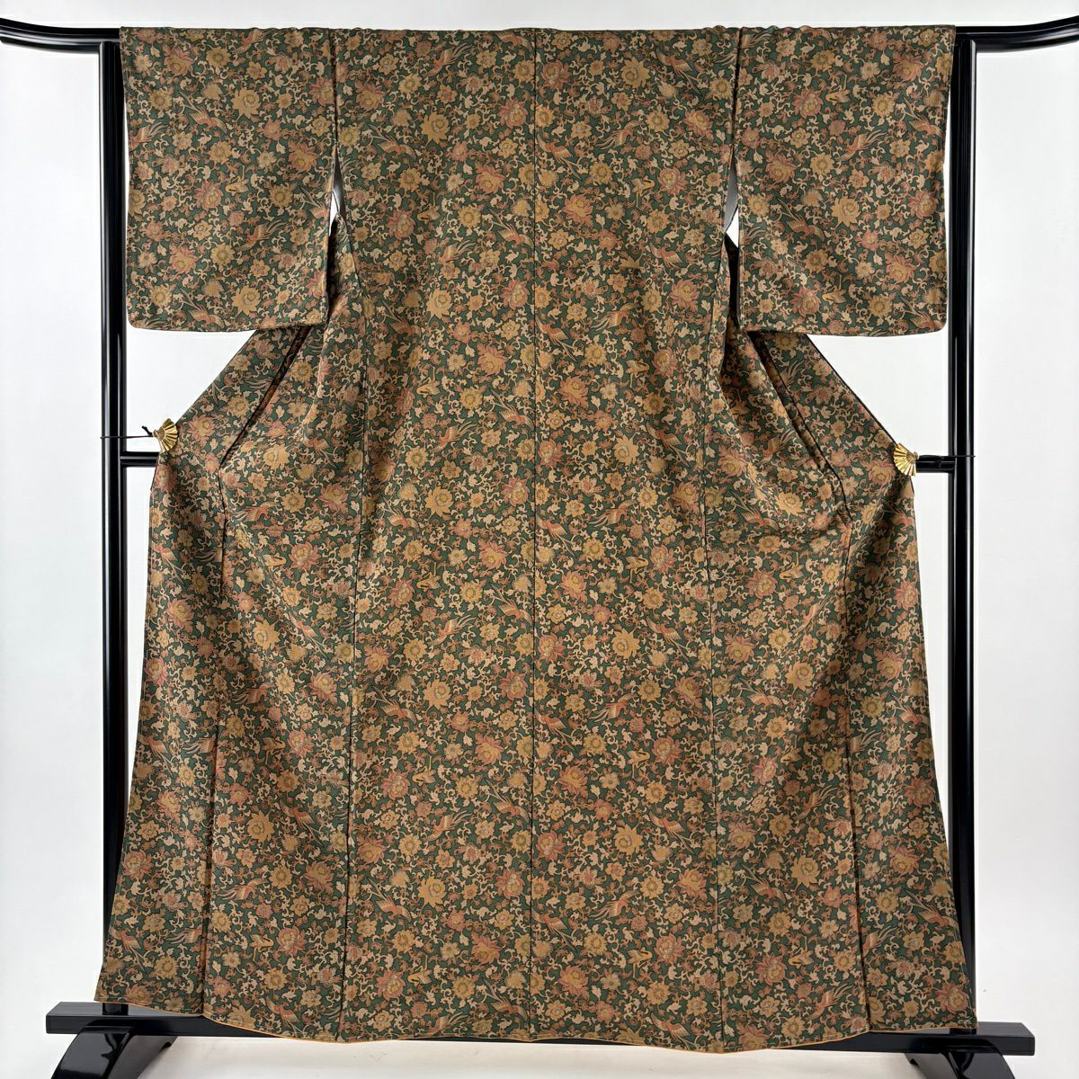 【美品】 小紋 身長159cm 袖長64cm M 雙層 尾長鳥 花唐草紋 金銀彩 深綠 純蠶絲 優品級