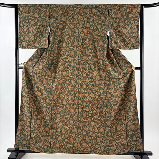 【美品】 小紋 身長159cm 袖長64cm M 雙層 尾長鳥 花唐草紋 金銀彩 深綠 純蠶絲 優品級