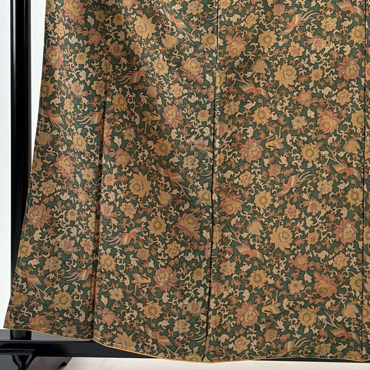 【美品】 小紋 身長159cm 袖長64cm M 雙層 尾長鳥 花唐草紋 金銀彩 深綠 純蠶絲 優品級