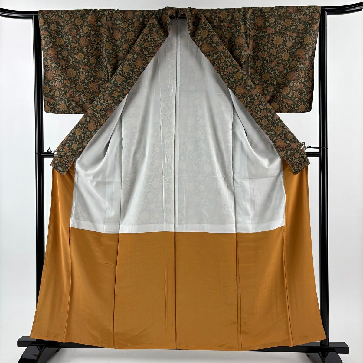 【美品】 小紋 身長159cm 袖長64cm M 雙層 尾長鳥 花唐草紋 金銀彩 深綠 純蠶絲 優品級