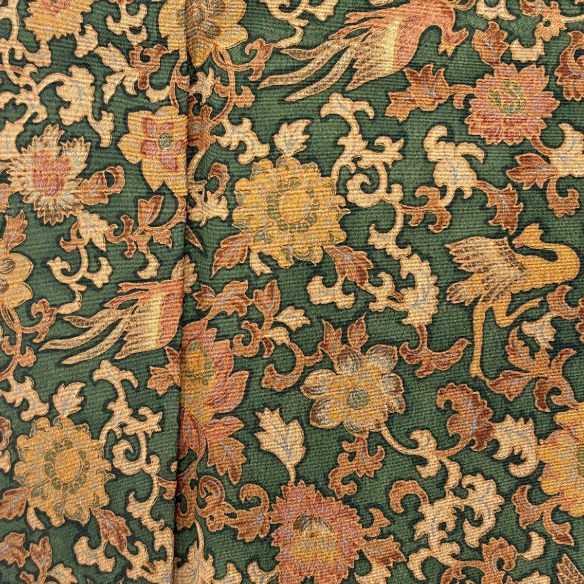 【美品】 小紋 身長159cm 袖長64cm M 雙層 尾長鳥 花唐草紋 金銀彩 深綠 純蠶絲 優品級