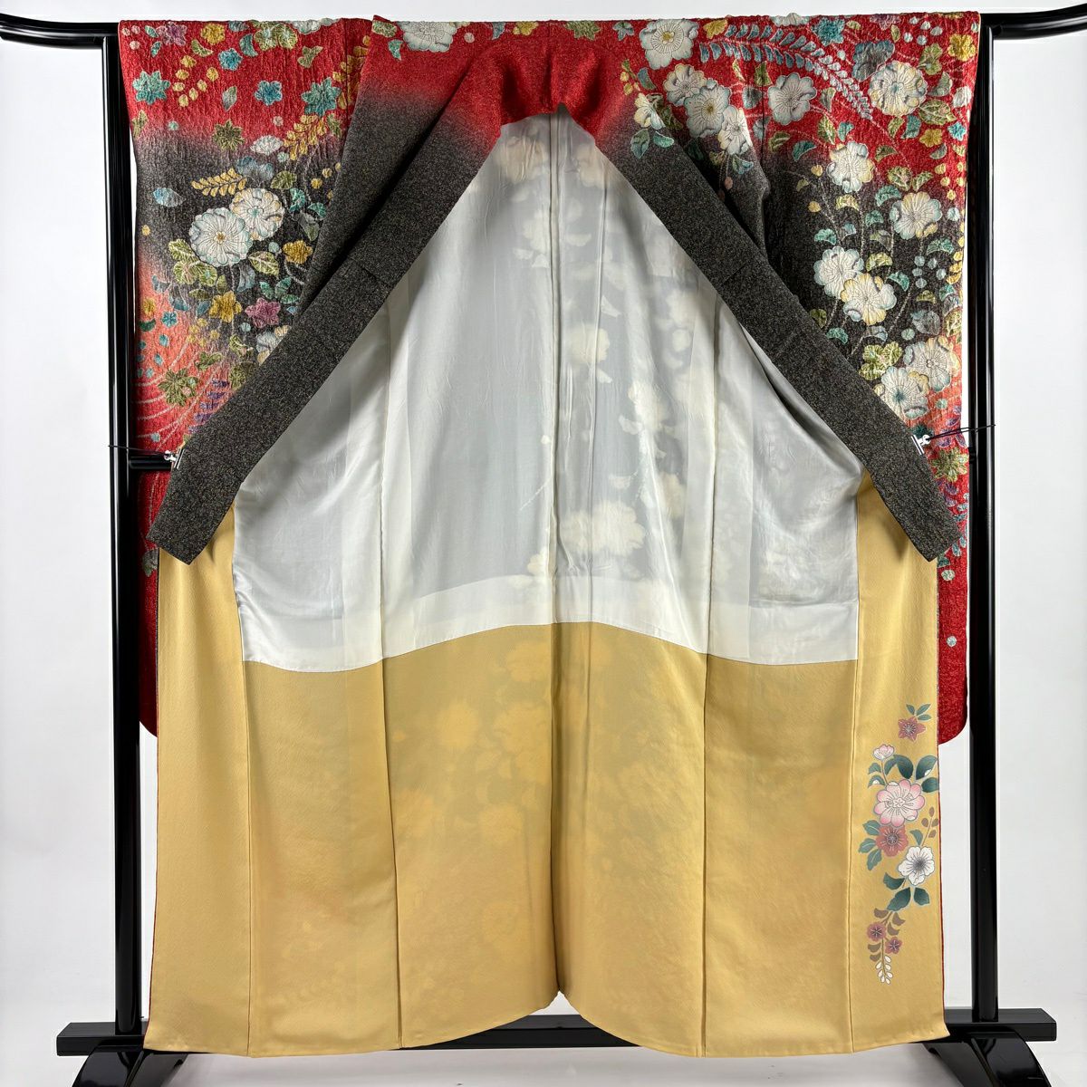 【美品】振袖禮服 身長159cm 袖長65.5cm M 雙層 辻花染 金通し 漸層 黑灰 純蠶絲 逸品級