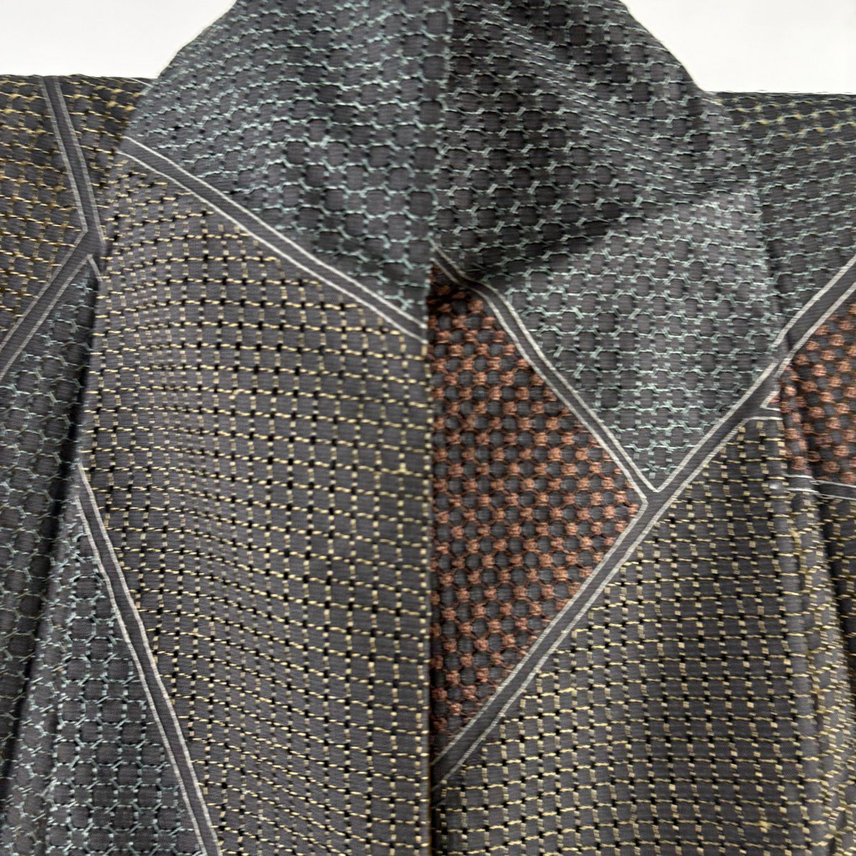 小紋 身長170cm 袖長66cm M 雙層 幾何學圖案 刺繡 茶綠 純蠶絲 逸品級