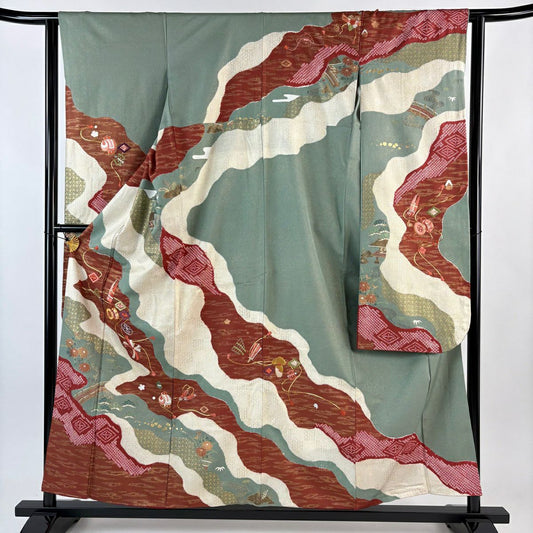 【美品】振袖禮服 身長157cm 袖長63cm S 雙層 鼓 草花紋刺繡 金銀彩 灰綠 純蠶絲 秀品級