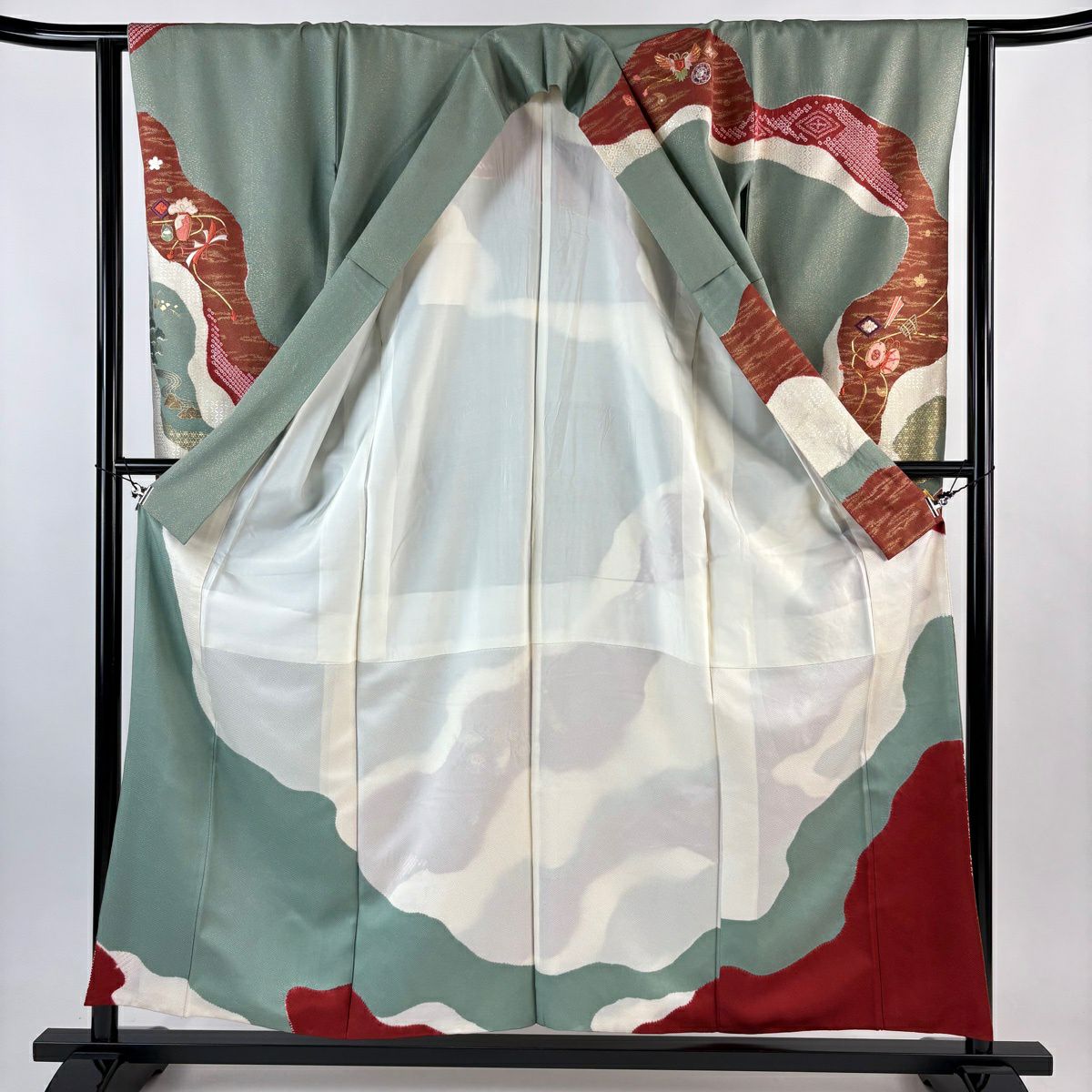 【美品】振袖禮服 身長157cm 袖長63cm S 雙層 鼓 草花紋刺繡 金銀彩 灰綠 純蠶絲 秀品級