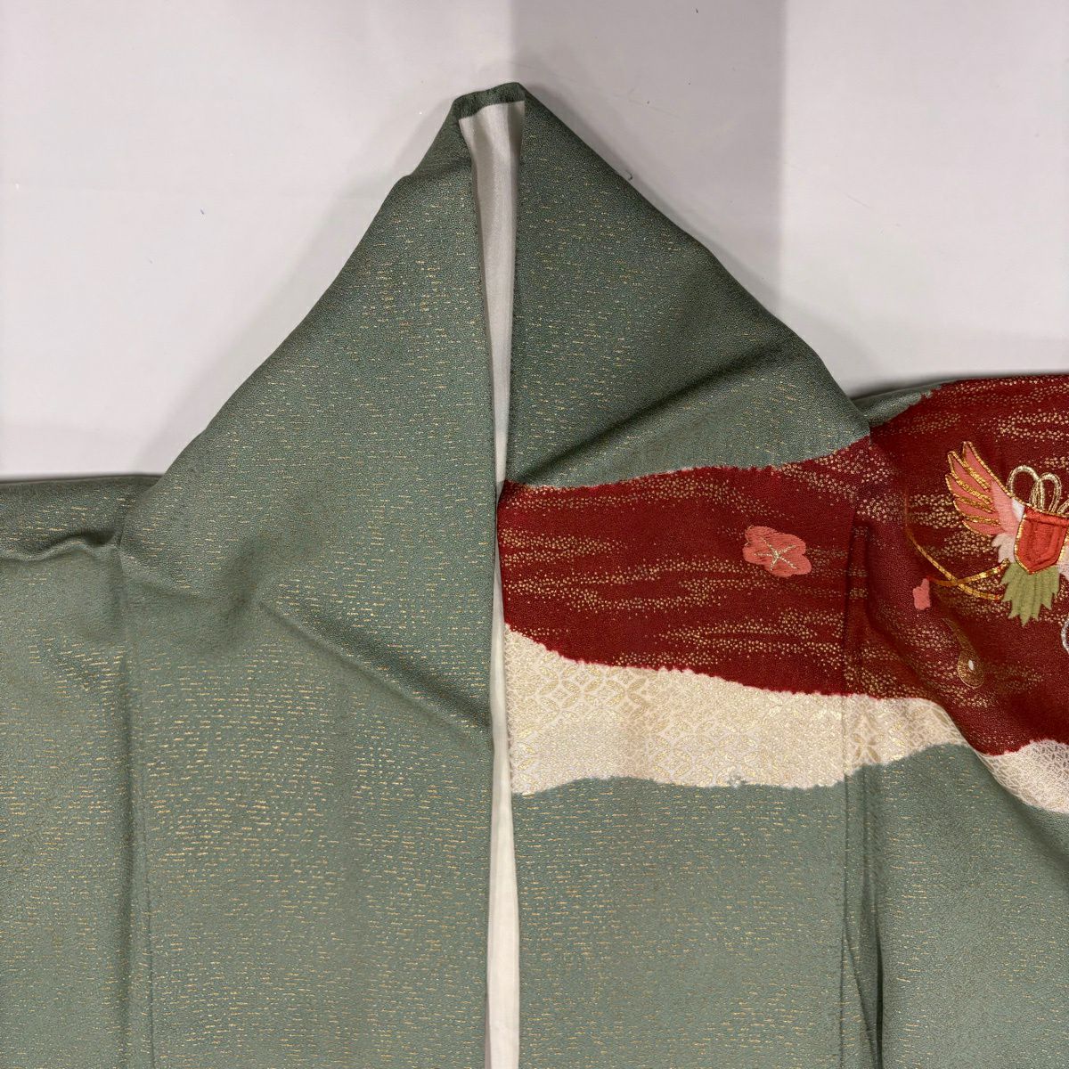 【美品】振袖禮服 身長157cm 袖長63cm S 雙層 鼓 草花紋刺繡 金銀彩 灰綠 純蠶絲 秀品級