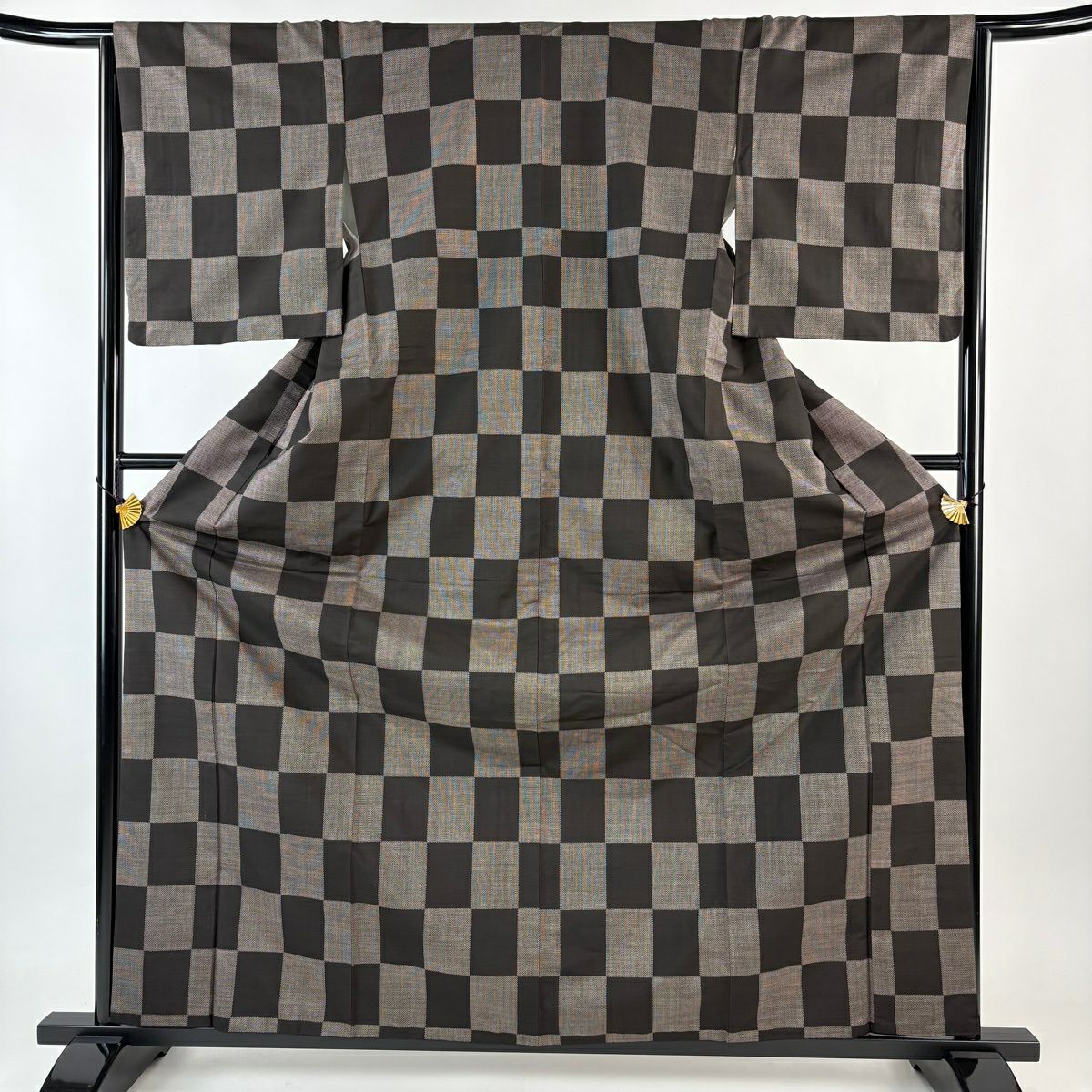 【美品】 紬織 身長165.5cm 袖長64cm M 雙層 變化市松樹 焦茶 純蠶絲 優品級