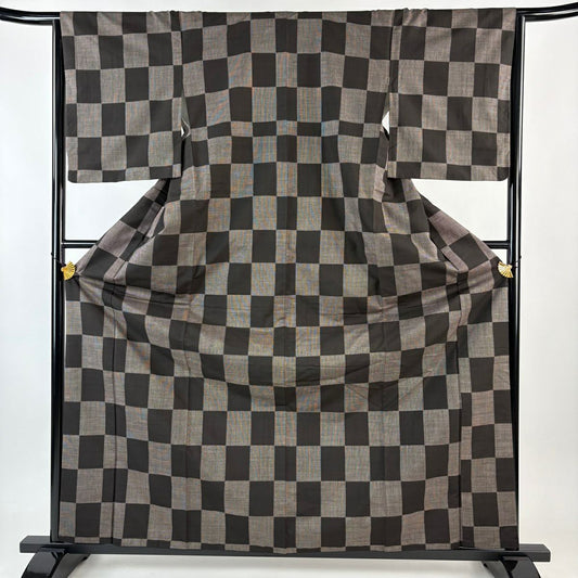 【美品】 紬織 身長165.5cm 袖長64cm M 雙層 變化市松樹 焦茶 純蠶絲 優品級