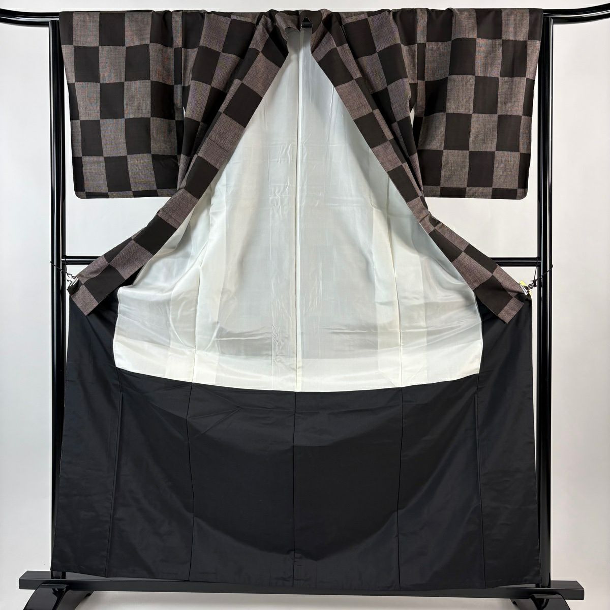 【美品】 紬織 身長165.5cm 袖長64cm M 雙層 變化市松樹 焦茶 純蠶絲 優品級