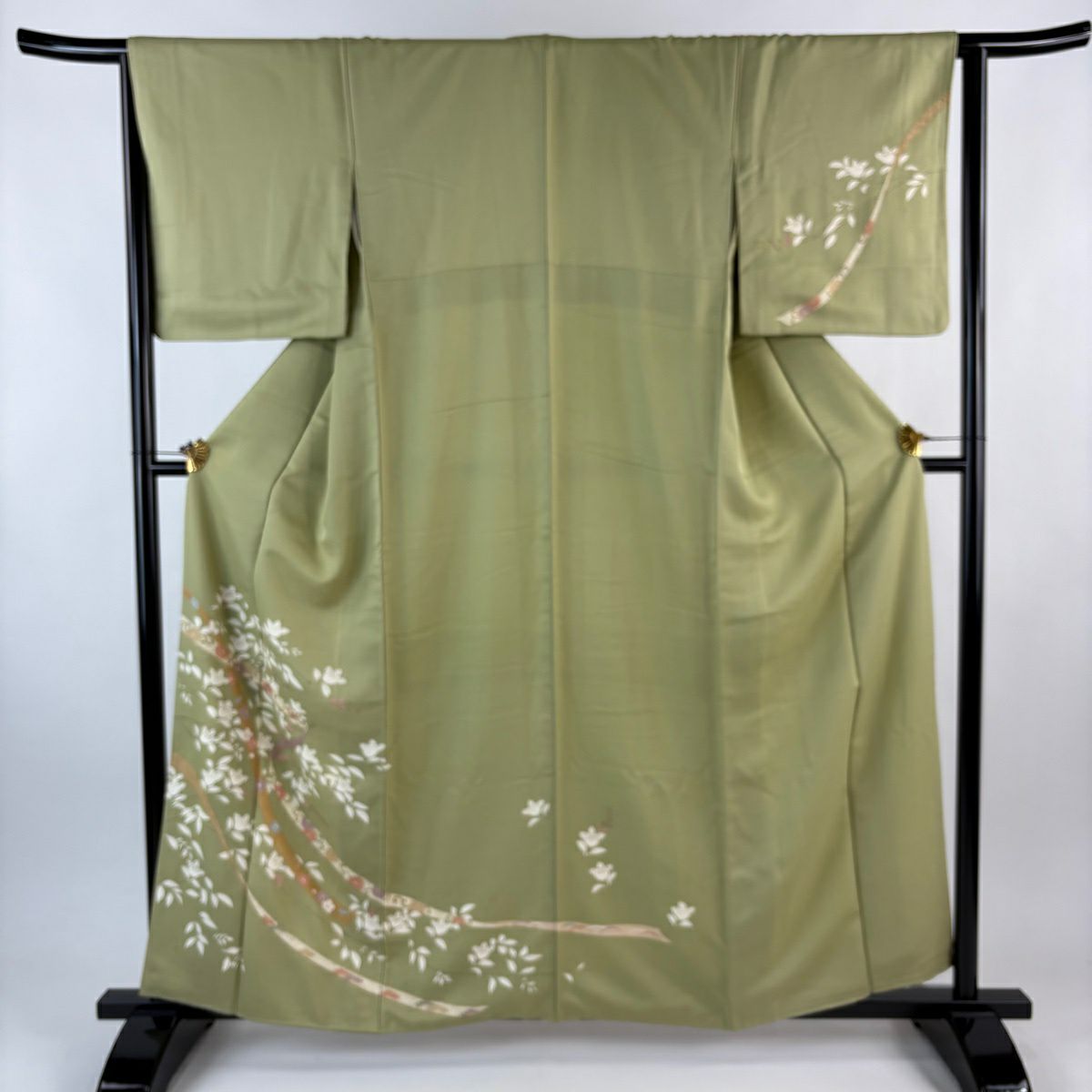 付下 身長160cm 袖長64cm M 雙層 橘色 蔓帶 刺繡 金彩裝飾 抹茶 純蠶絲 秀品級