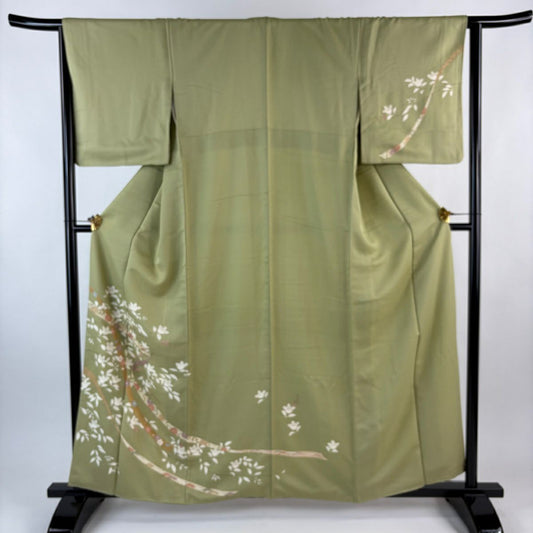 付下 身長160cm 袖長64cm M 雙層 橘色 蔓帶 刺繡 金彩裝飾 抹茶 純蠶絲 秀品級