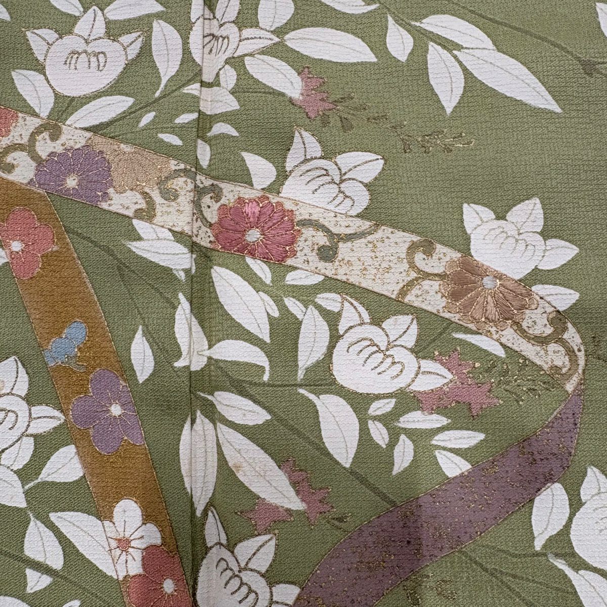 付下 身長160cm 袖長64cm M 雙層 橘色 蔓帶 刺繡 金彩裝飾 抹茶 純蠶絲 秀品級