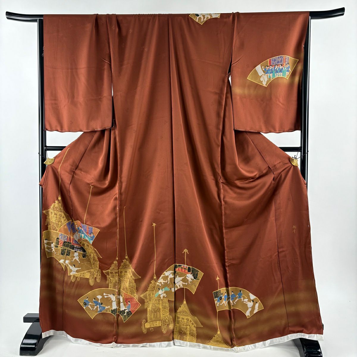 【美品】訪問服 身長174cm 袖長69.5cm L 未裁縫 仮絵羽 落款あり 扇子面 山鉾 金銀彩 ぼかし 紅茶 純蠶絲 秀品級