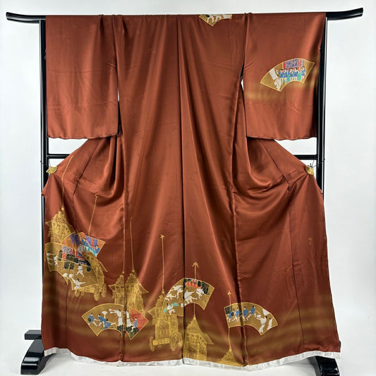 【美品】訪問服 身長174cm 袖長69.5cm L 未裁縫 仮絵羽 落款あり 扇子面 山鉾 金銀彩 ぼかし 紅茶 純蠶絲 秀品級