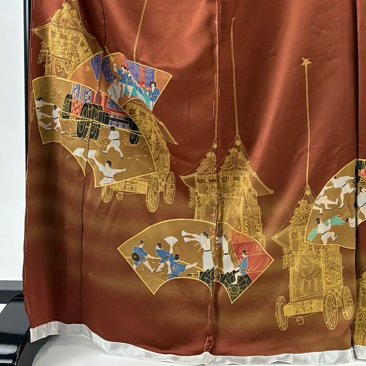 【美品】訪問服 身長174cm 袖長69.5cm L 未裁縫 仮絵羽 落款あり 扇子面 山鉾 金銀彩 ぼかし 紅茶 純蠶絲 秀品級
