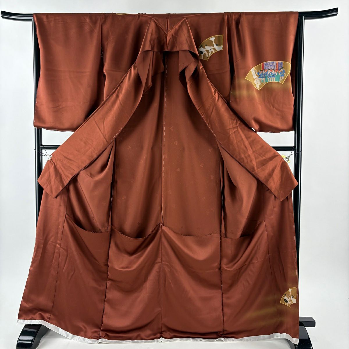 【美品】訪問服 身長174cm 袖長69.5cm L 未裁縫 仮絵羽 落款あり 扇子面 山鉾 金銀彩 ぼかし 紅茶 純蠶絲 秀品級