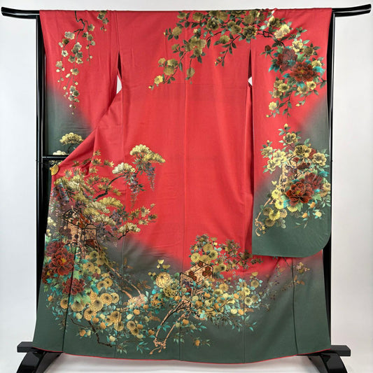【美品】振袖禮服 身長163cm 袖長65.5cm M 雙層 御所車 草花紋 金銀彩 茜 純蠶絲 秀品級