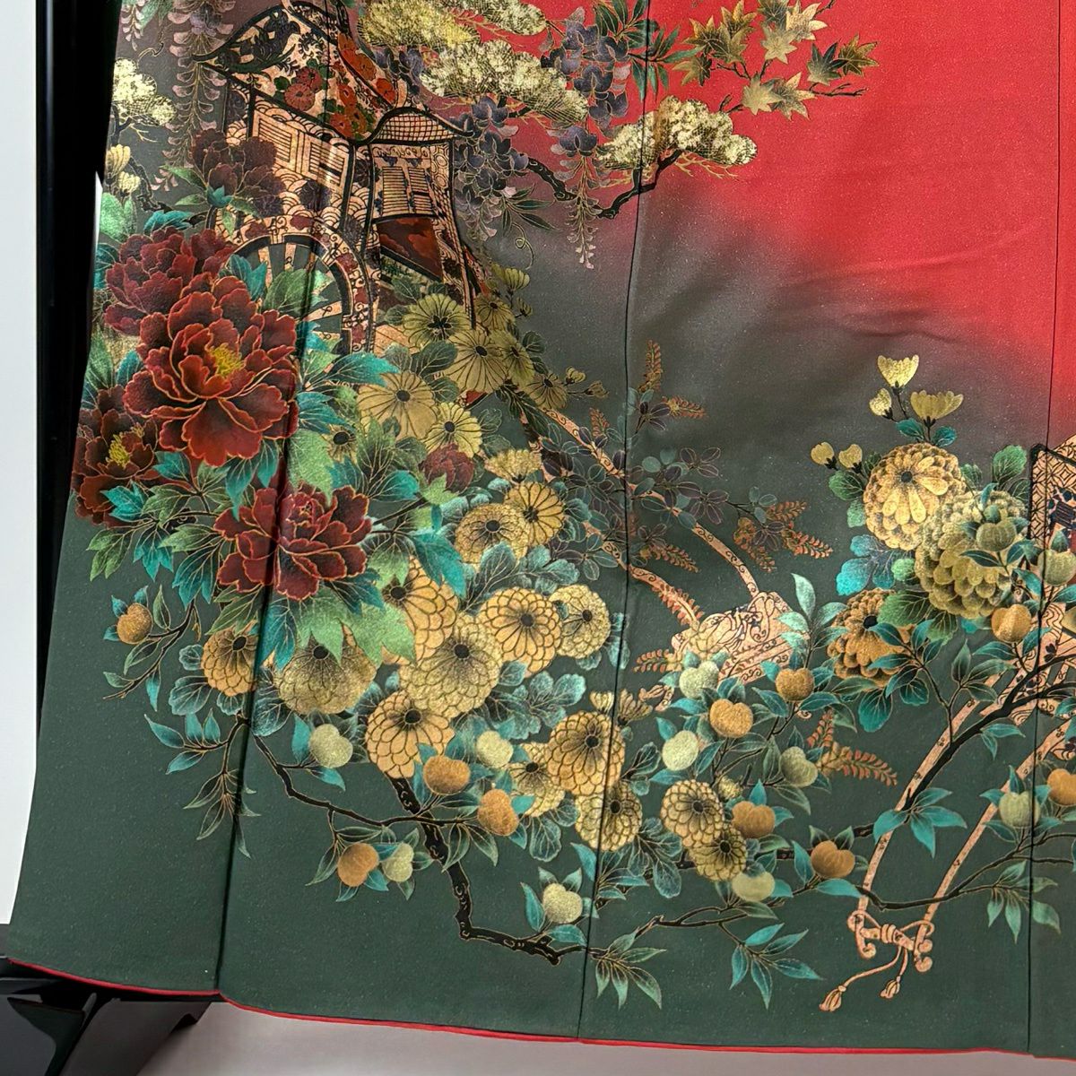 【美品】振袖禮服 身長163cm 袖長65.5cm M 雙層 御所車 草花紋 金銀彩 茜 純蠶絲 秀品級