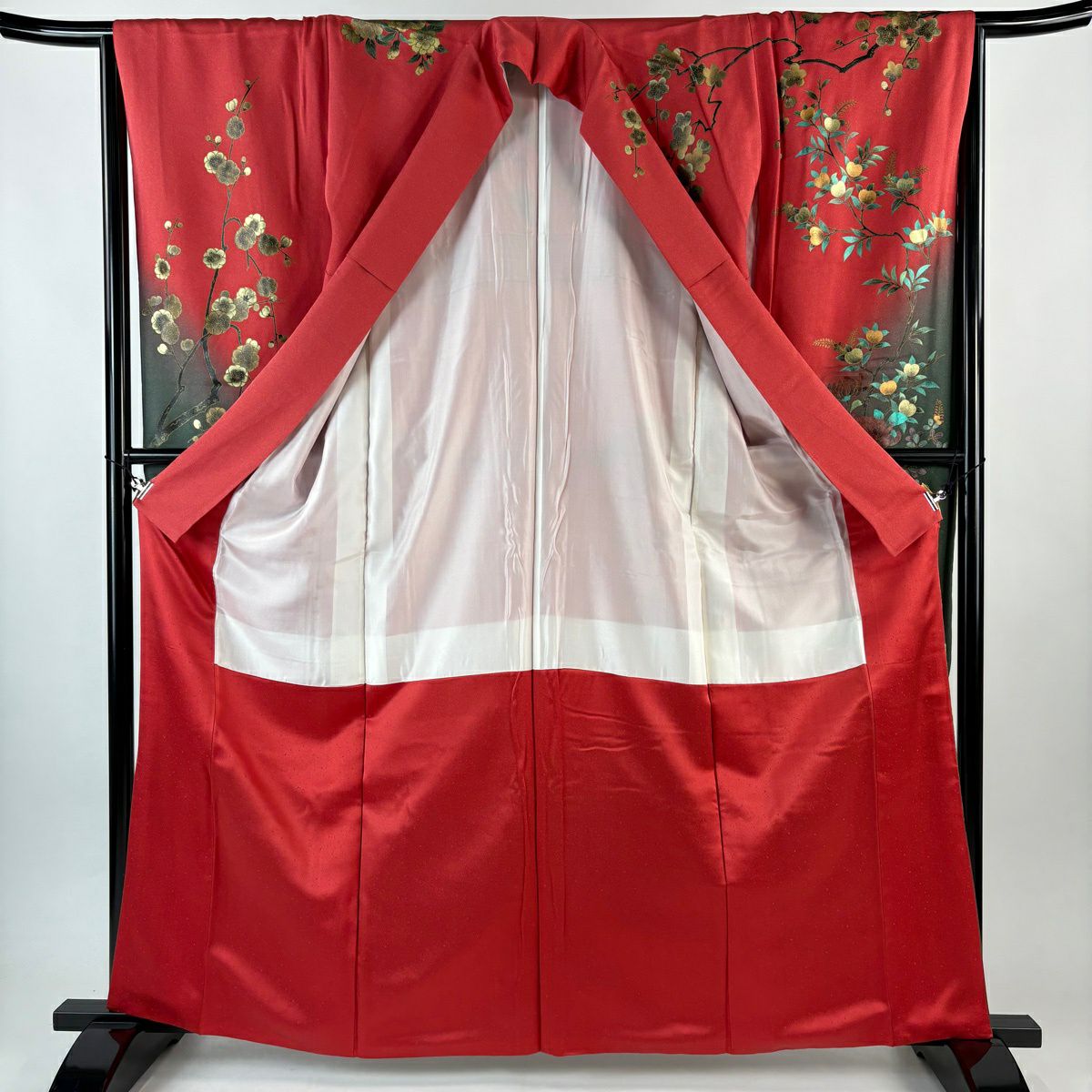 【美品】振袖禮服 身長163cm 袖長65.5cm M 雙層 御所車 草花紋 金銀彩 茜 純蠶絲 秀品級