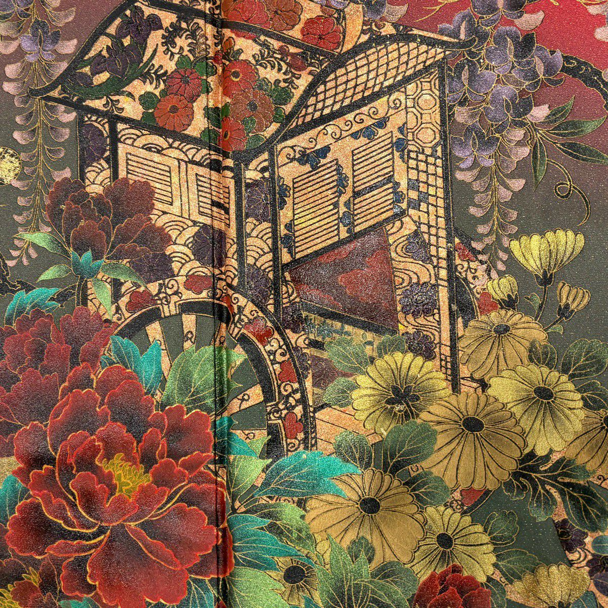 【美品】振袖禮服 身長163cm 袖長65.5cm M 雙層 御所車 草花紋 金銀彩 茜 純蠶絲 秀品級