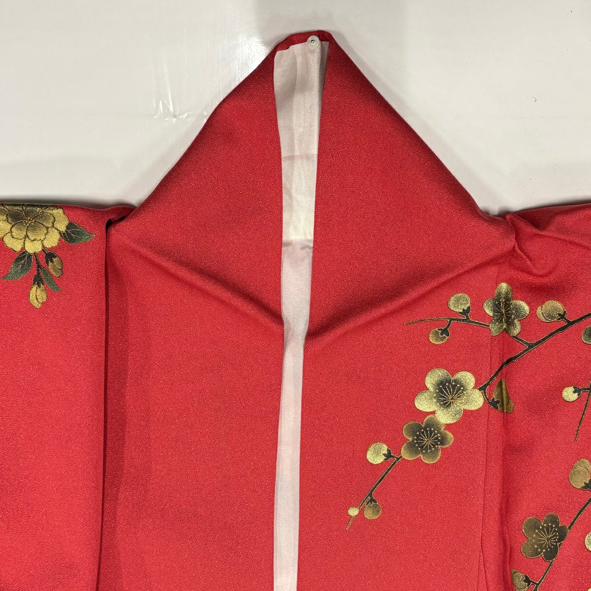 【美品】振袖禮服 身長163cm 袖長65.5cm M 雙層 御所車 草花紋 金銀彩 茜 純蠶絲 秀品級