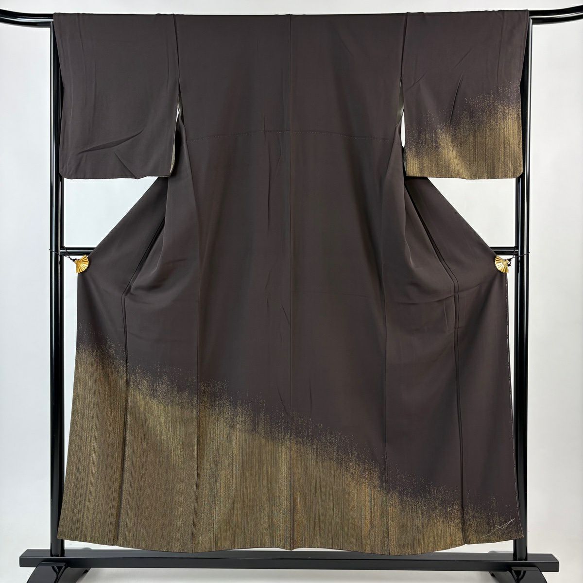 付下 身長154cm 袖長65.5cm M 雙層 縞紋 金絲 焦茶 純蠶絲 優品級