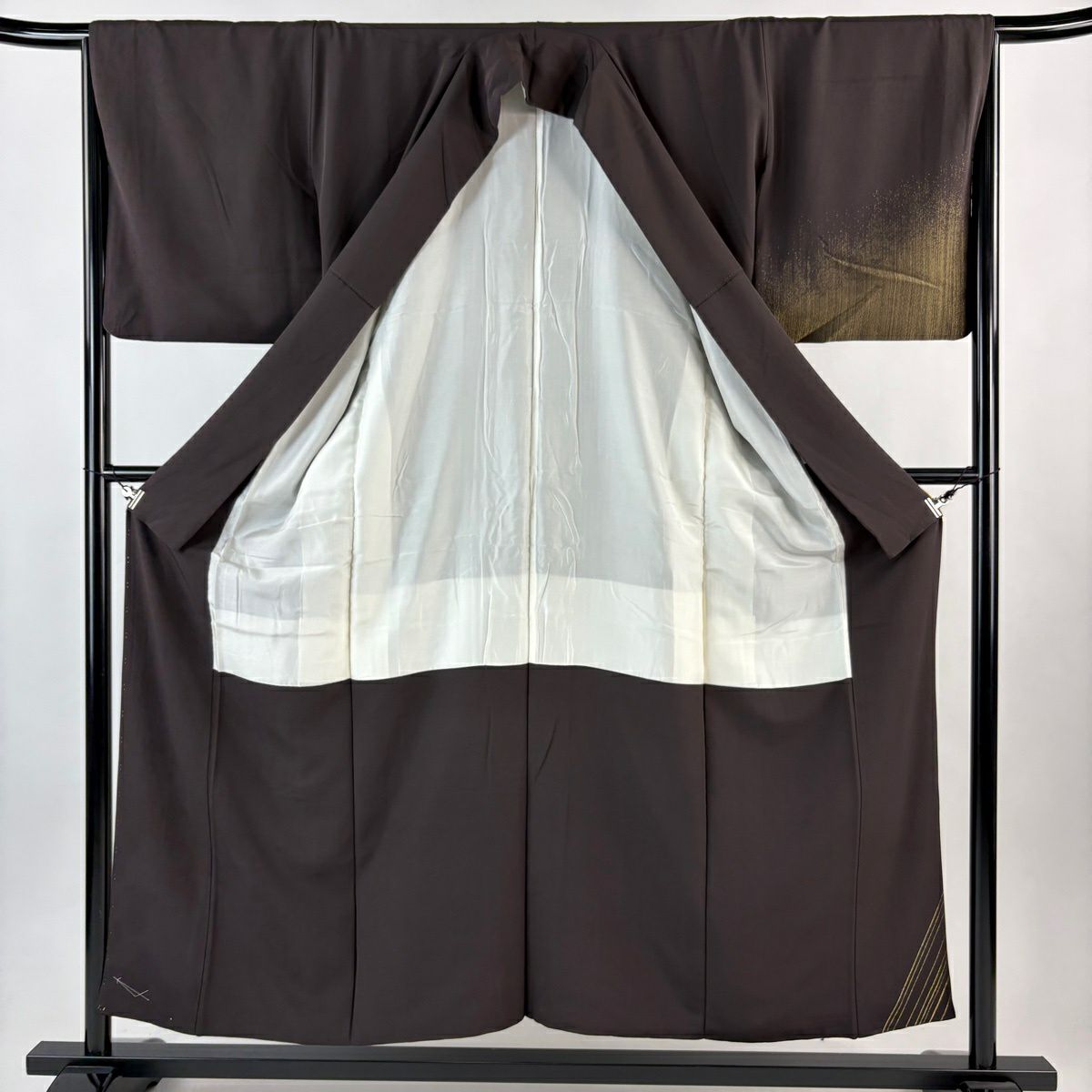 付下 身長154cm 袖長65.5cm M 雙層 縞紋 金絲 焦茶 純蠶絲 優品級