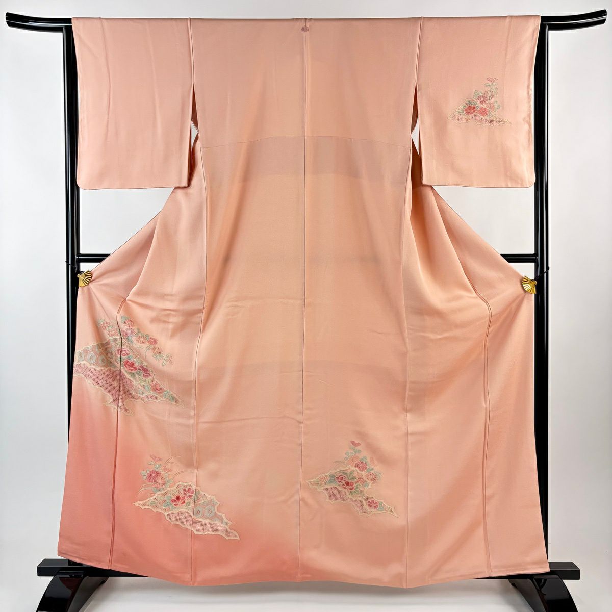付下 身長162cm 袖長64.5cm M 雙層 草花紋紋 龜甲刺繡 漸層 鮭粉色 純蠶絲 優品級 一個紋