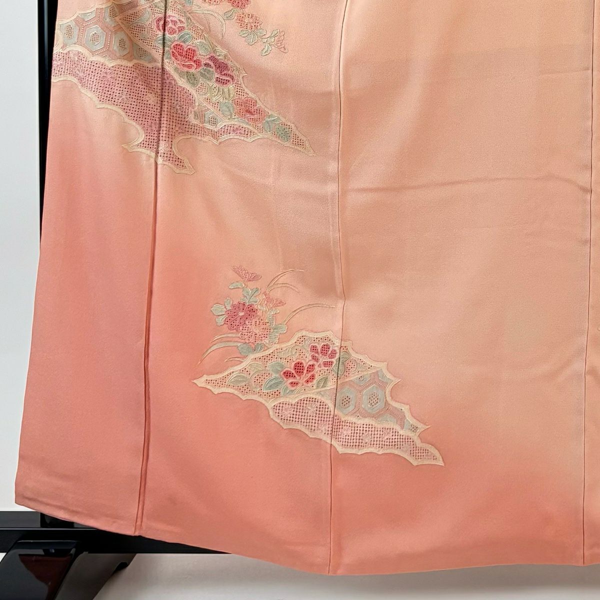 付下 身長162cm 袖長64.5cm M 雙層 草花紋紋 龜甲刺繡 漸層 鮭粉色 純蠶絲 優品級 一個紋