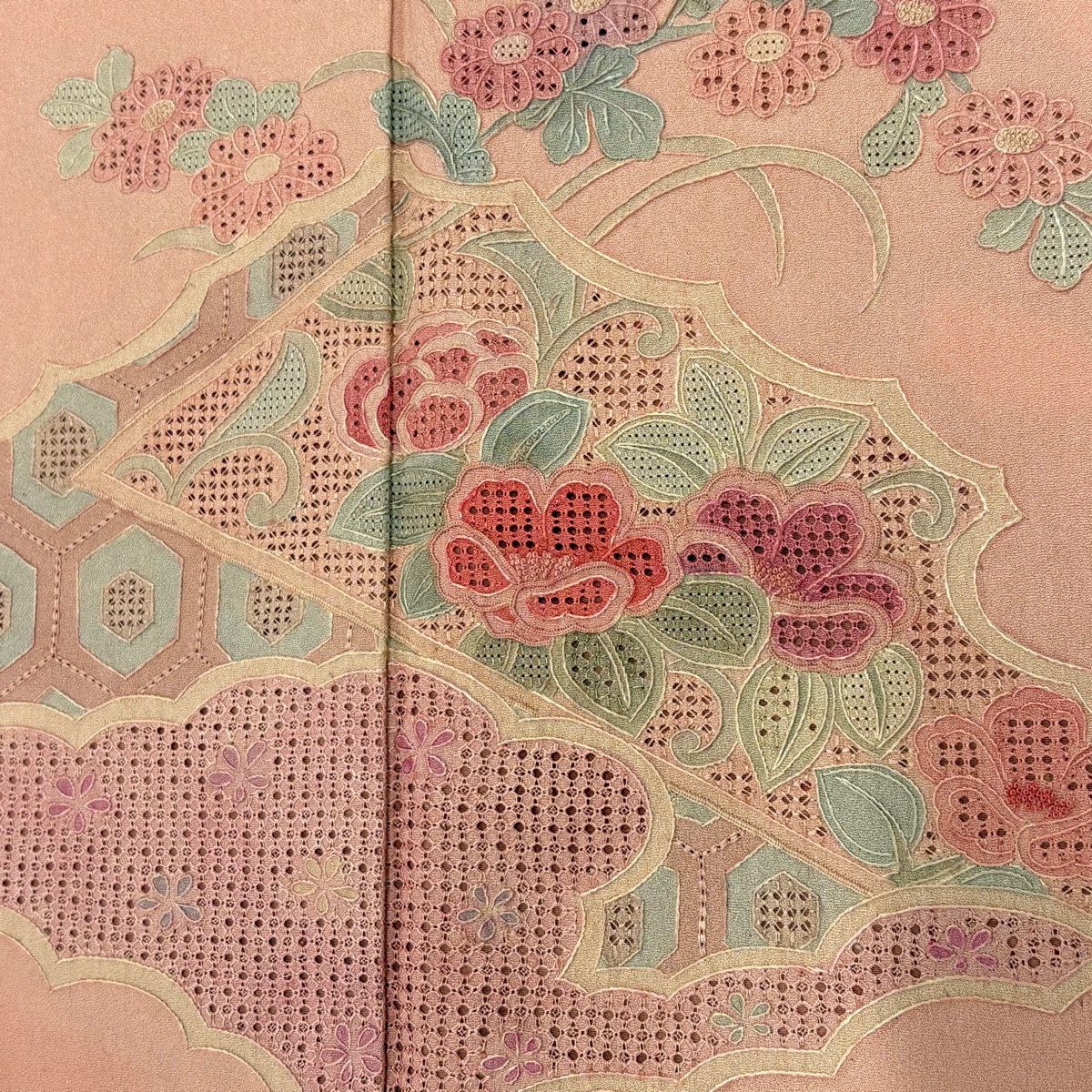 付下 身長162cm 袖長64.5cm M 雙層 草花紋紋 龜甲刺繡 漸層 鮭粉色 純蠶絲 優品級 一個紋